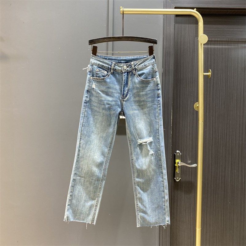 2024秋季新款薄款宽松小个子八九分烟管裤浅蓝色破洞牛仔直筒裤女