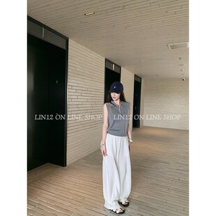 Lin12_微弧弯刀裤 夏白色阔腿裤女宽松垂感高级感全棉长裤镰刀裤