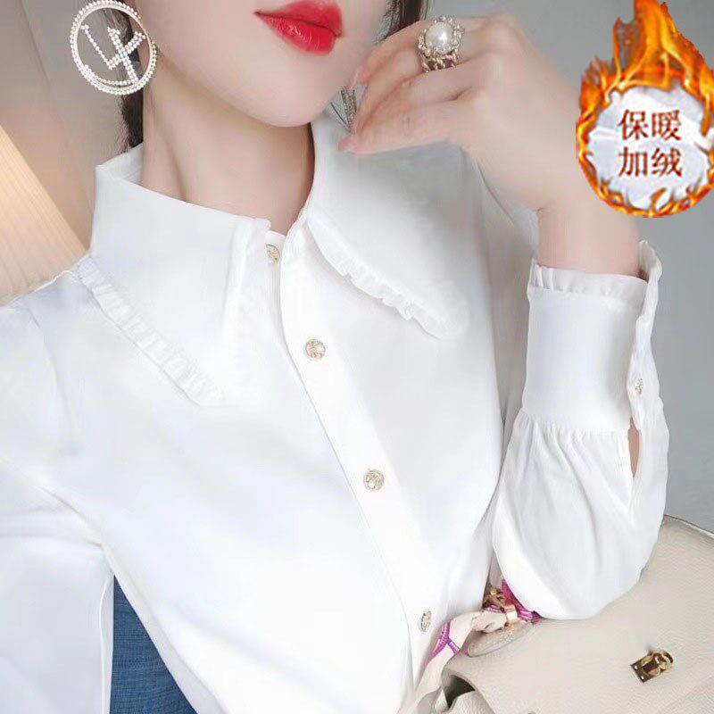 郭晶晶白衬衫女士2024新时尚保暖洋气减龄L木耳花边外穿打底衫衬