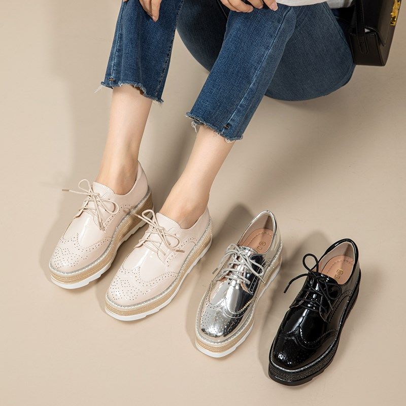 松糕鞋女厚底英伦风小皮鞋2024新款方头系带增高显瘦高跟银色单鞋,女鞋,深口单鞋,淘宝优惠券,粉丝福利购,淘宝优惠卷