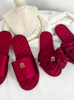 喜庆大红婚鞋新娘新郎婚礼绸缎露指一字结婚拖鞋红色凉拖情侣男女