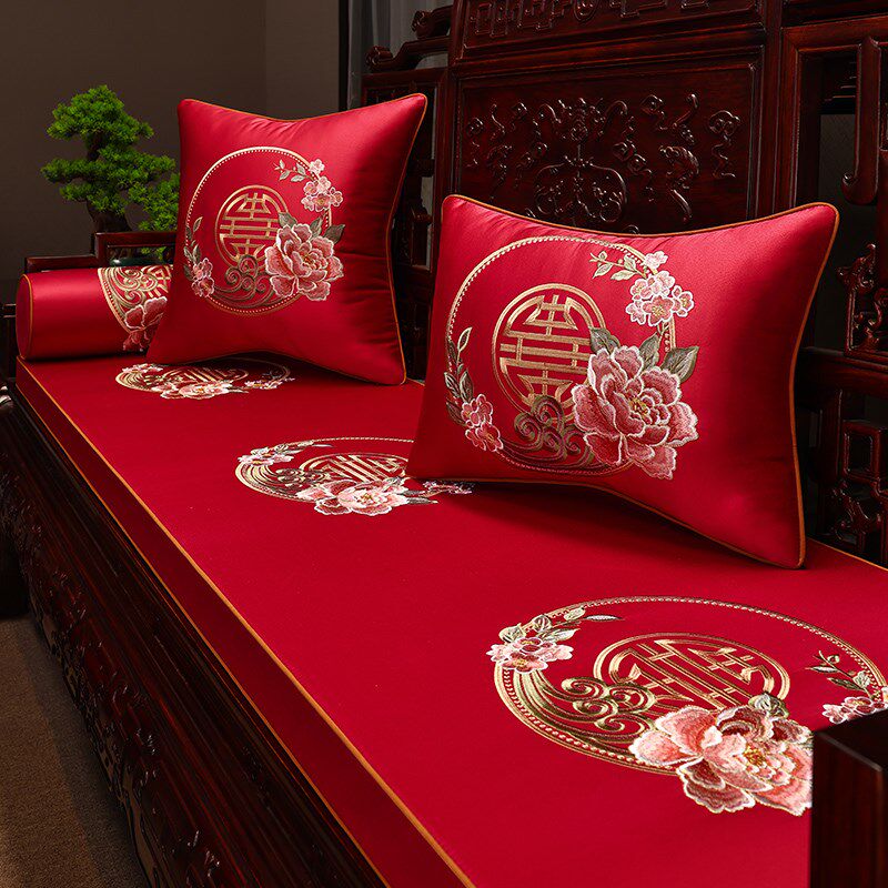 中式沙发垫红木家具坐垫实木椅垫罗汉床加厚座垫中国风刺绣定制套