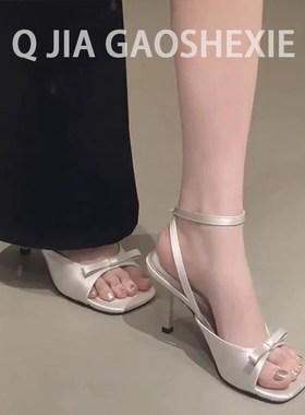 温柔法式~小众白色粗跟高跟鞋2025新款方头一字带踩屎感凉鞋女夏