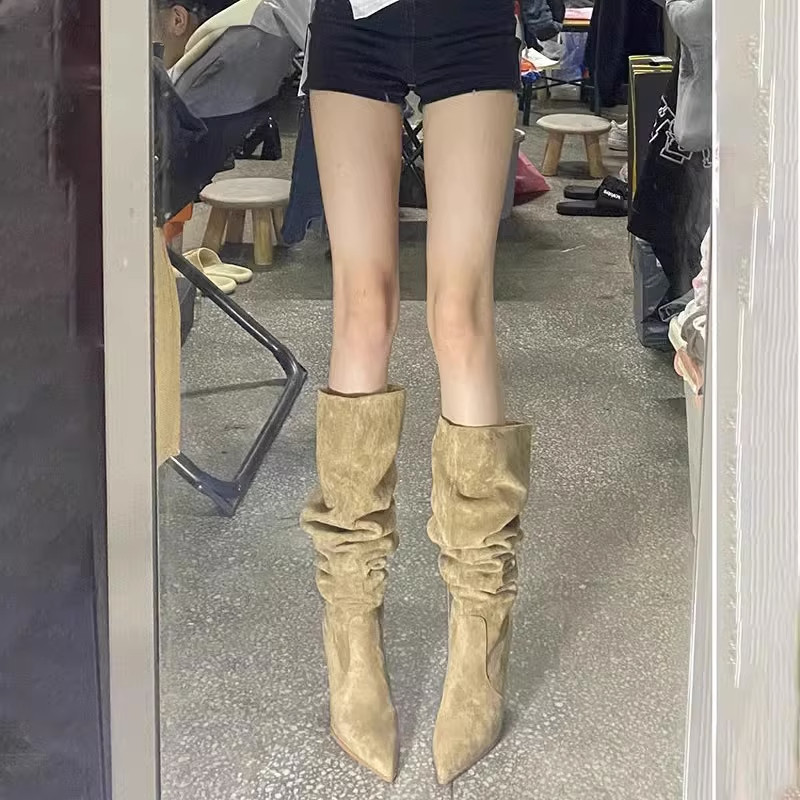 长筒靴女粗腿细跟长靴不过膝褶皱尖头堆堆靴欧美弹力Y靴高跟中筒