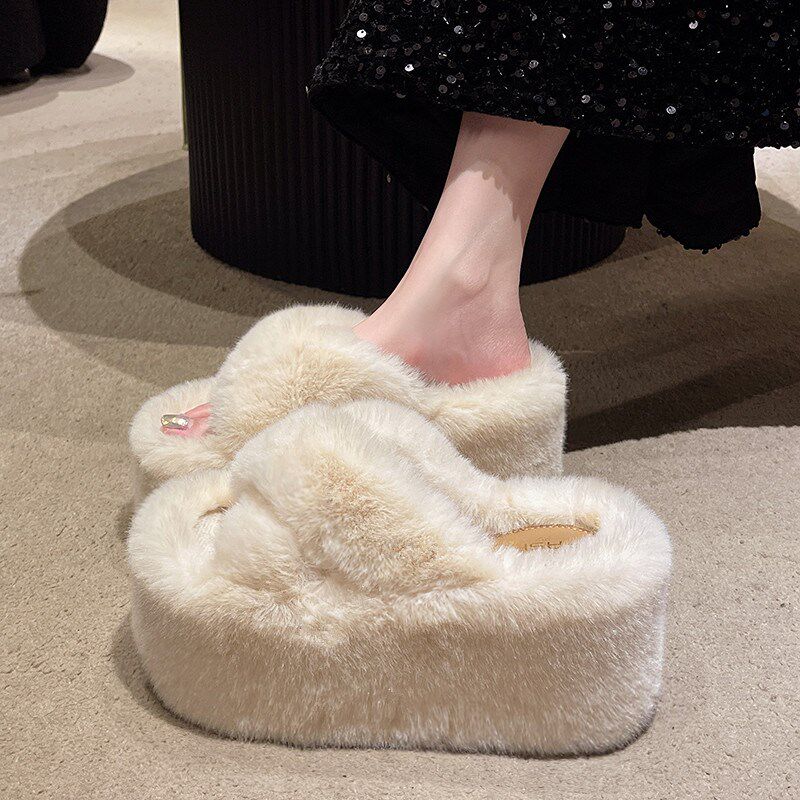 毛毛拖鞋女外穿2024秋季新款厚底增高9cm小个子秋V冬棉拖鞋子白色