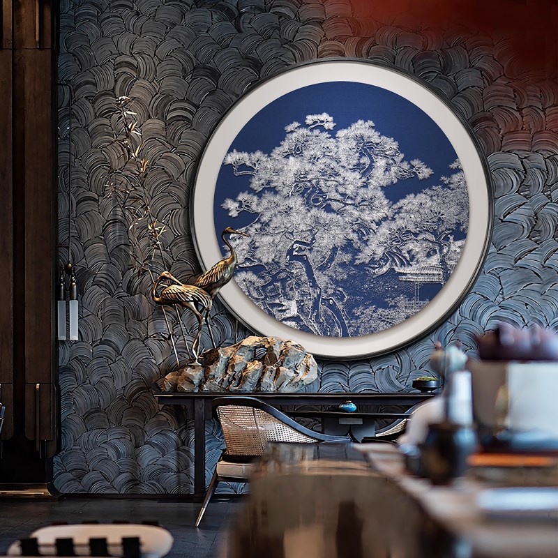 新中式客厅沙发背景墙挂画餐馆餐厅高级感圆形浮雕肌理实物装饰画图片