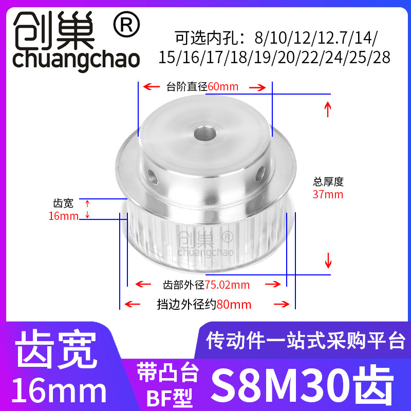 S8M30齿同步轮BF齿宽16内孔12 19 20 22 24 25高扭矩齿形同步带轮