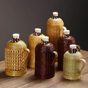 竹编竹编外壳纯手工保温瓶家用开水壶暖壶 玻璃内胆热水壶复古老式