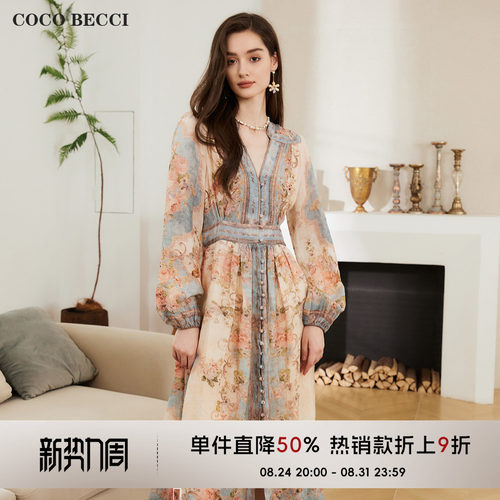 COCO BECCI 【画梦】法式复古气质印花连衣裙2026秋冬