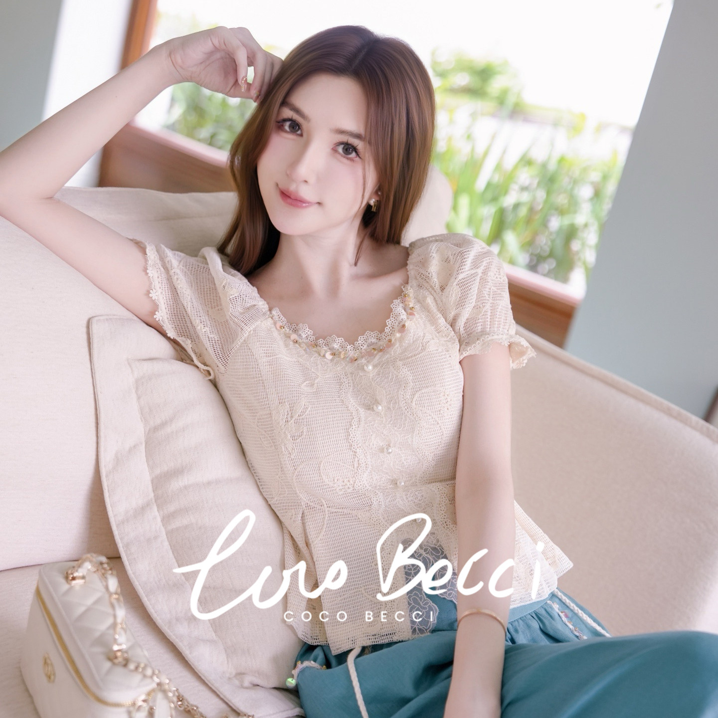 COCO BECCI【珠光花影】法式蕾丝方领微泡花边小衫短袖上衣女夏季