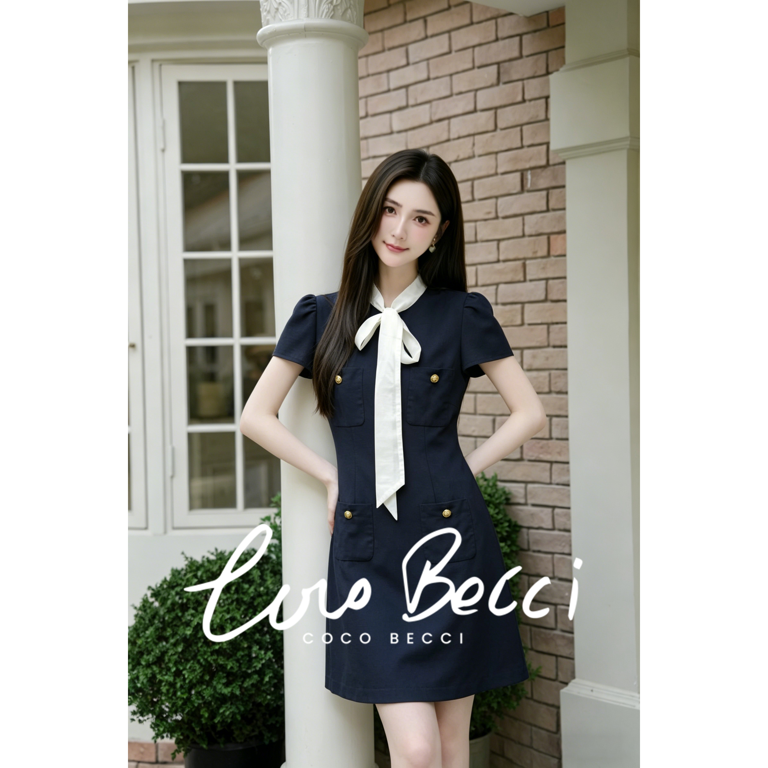COCO BECCI【气质女主】天丝亚麻小香风金扣飘带短袖法式连衣裙女