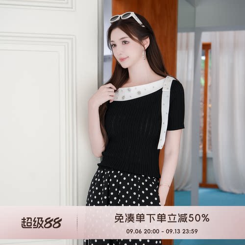 COCO BECCI【蝴蝶结钉珠T】气质轻熟风撞色斜领钻饰针织衫上衣女