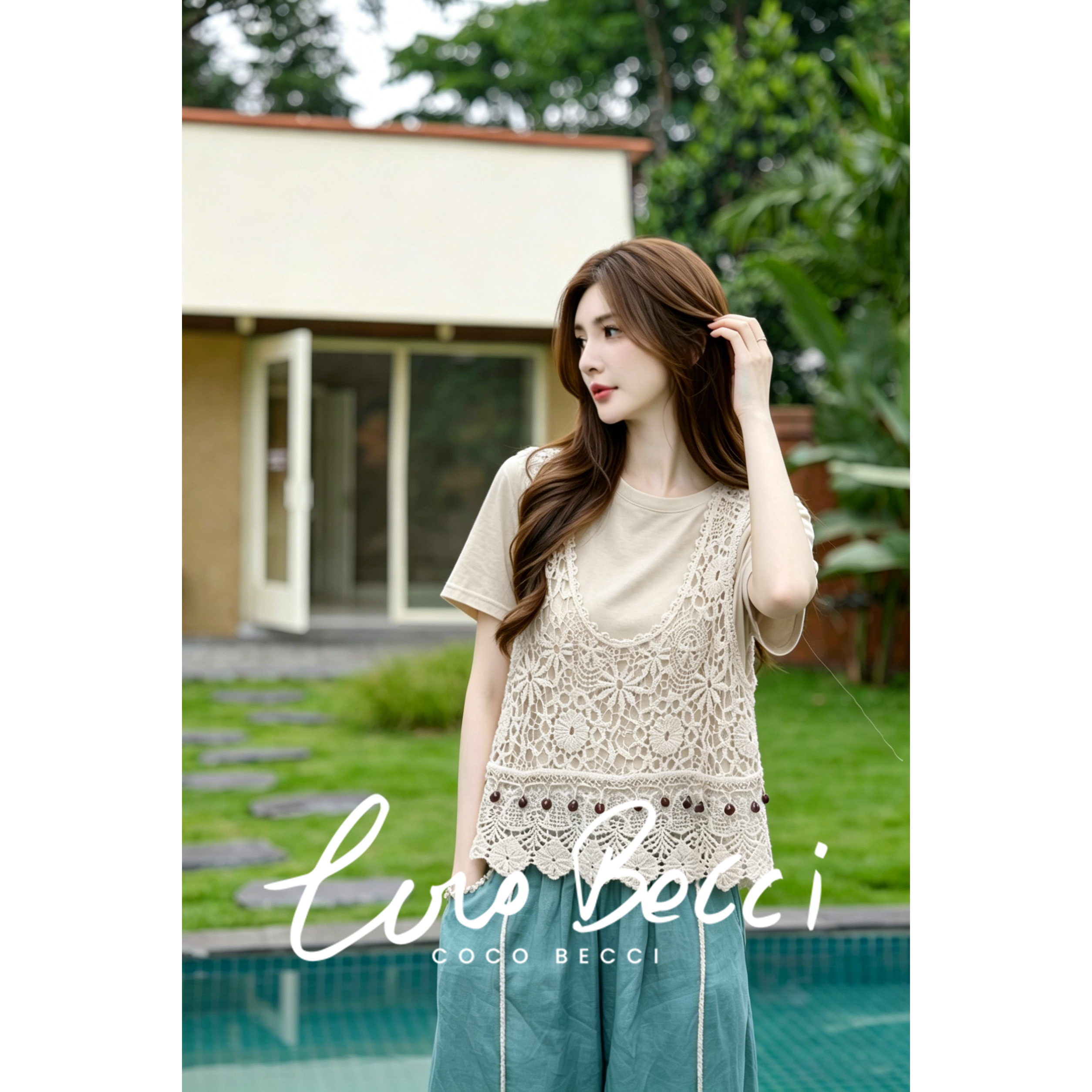 COCO BECCI【花蕾两件套】度假风钩花针织背心套装短袖上衣女夏季
