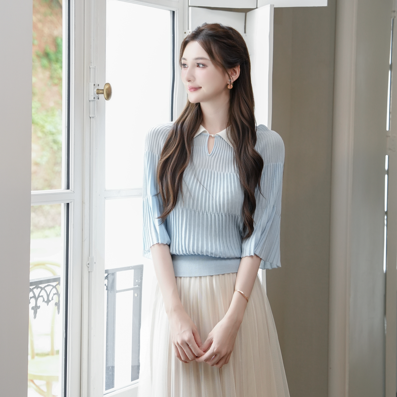 COCO BECCI【千金斗篷】天丝醋酸撞色Polo领斗篷针织衫上衣女夏季