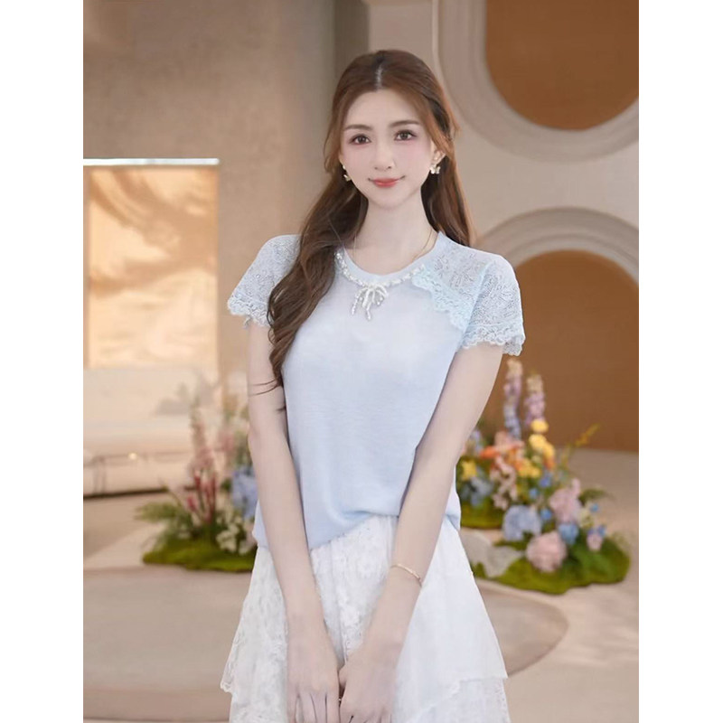 COCO BECCI【云朵蕾丝T】珍珠蝴蝶结拼接蕾丝百搭针织短袖t恤女夏