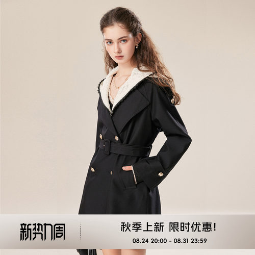 COCO BECCI【蕾丝夜影】蕾丝连帽大翻领收腰黑色风衣外套女2026秋