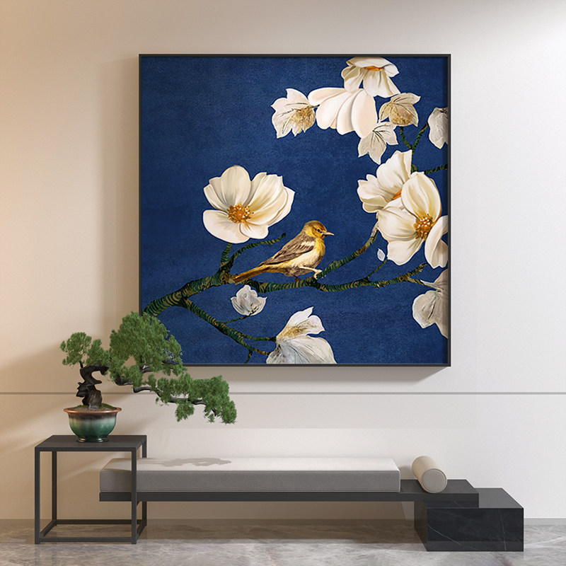 新中式轻奢装饰画蓝色艺术花鸟客厅书房玄关端景背景墙壁方形挂画