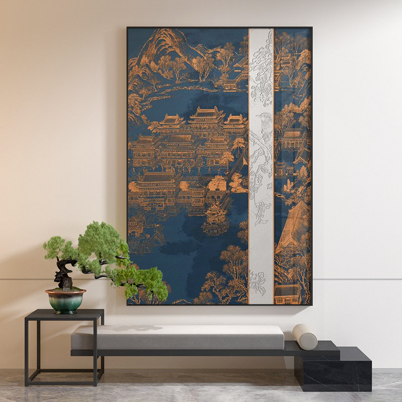 新中式客厅玄关装饰画中国风园林房屋古建筑背景墙壁现代轻奢挂画