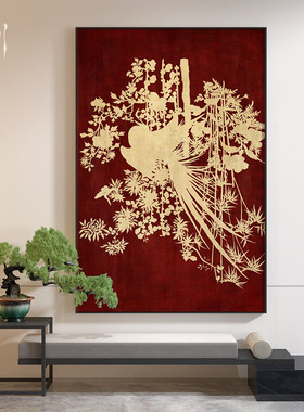新中式红色轻奢金色花鸟肌理客厅卧室装饰画玄关背景墙壁画挂画