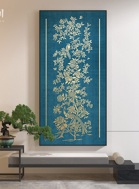 新中式客厅茶室书房装饰画入户玄关蓝色花鸟图轻奢壁画竖版挂画