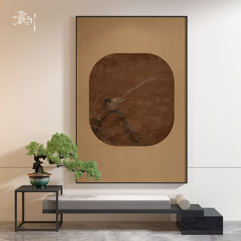 《绶鸟》古画复刻棕底圆框长尾绶带鸟工笔装饰画茶室卧室竖版挂画