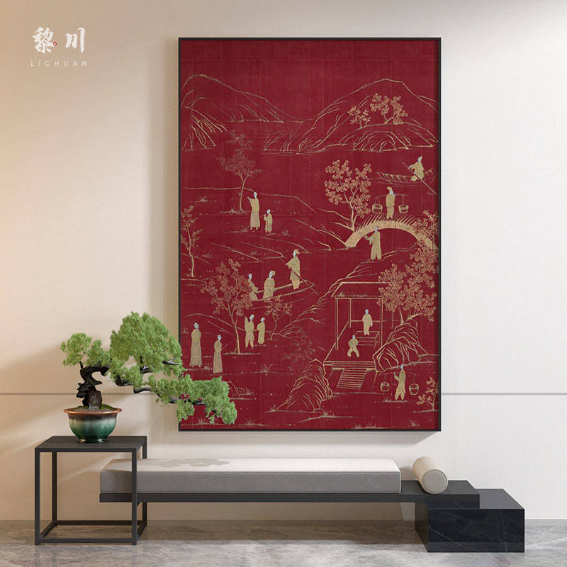 新中式中国风红色古典人物客厅装饰画玄关壁画沙发背景墙竖版挂画