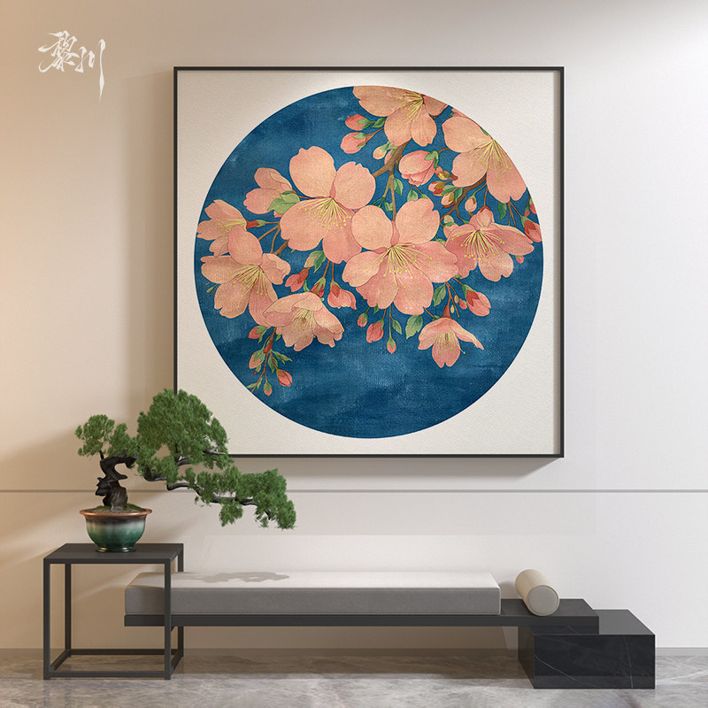 《樱绽》日式和风装饰画圆形构图客厅挂画玄关茶室背景墙画