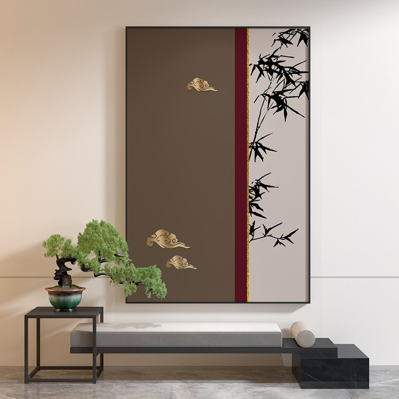 新中式装饰画竹叶祥云现代简约壁画褐色客厅玄关背景墙壁轻奢挂画