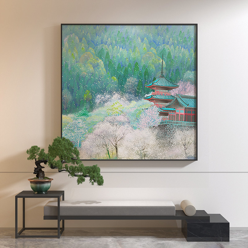 新中式轻奢客厅玄关装饰画绿色山林建筑禅意日式背景墙壁挂画