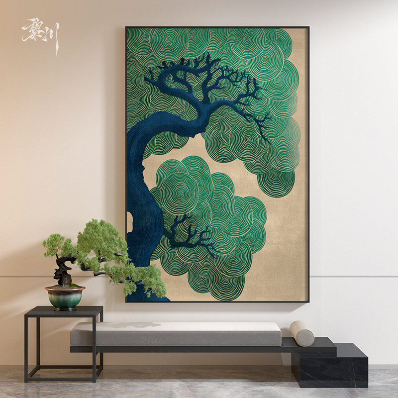 《青松叠翠》东方新中式蓝绿松树装饰画客厅玄关禅意艺术墙面挂画