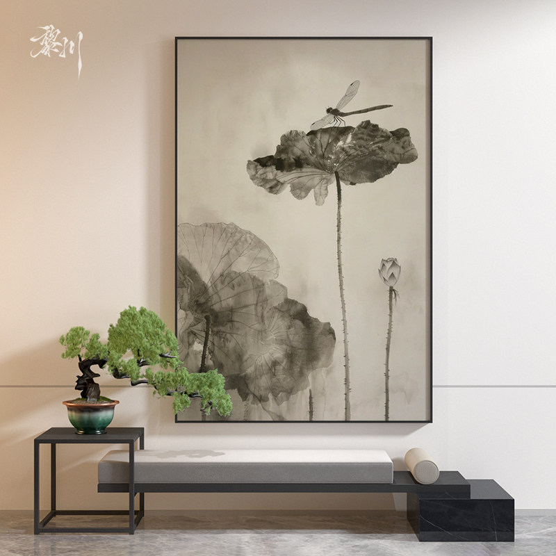 《荷上蜻蜓》侘寂风灰墨荷叶图装饰画卧室玄关静雅植物背景墙挂画