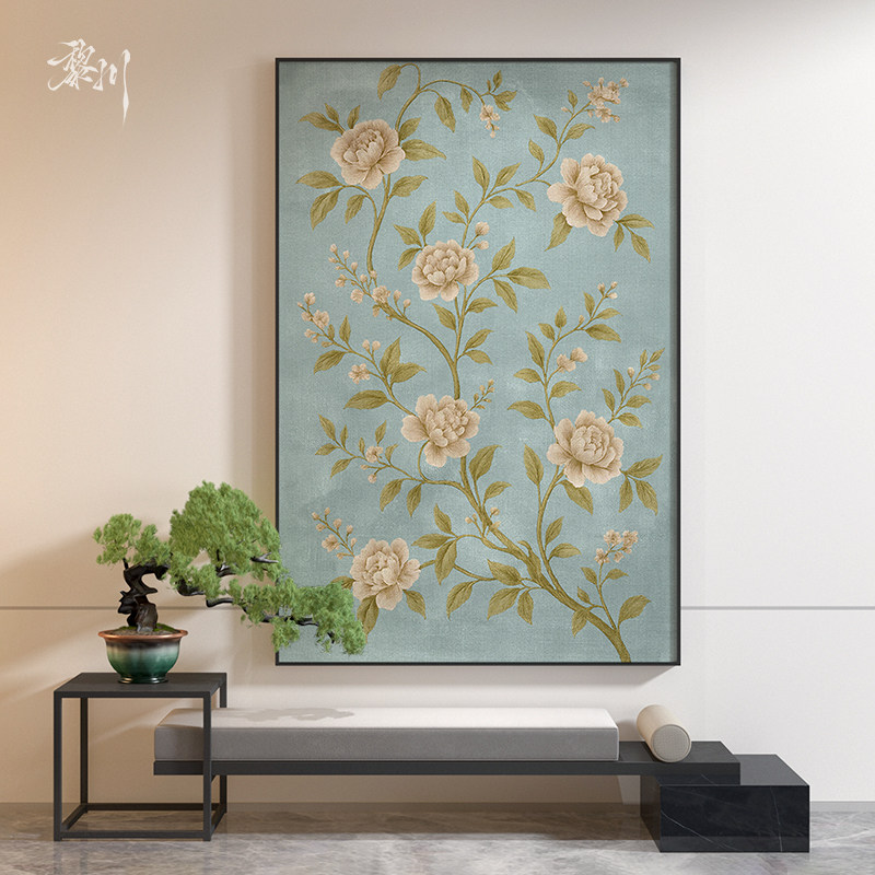 新中式简约蓝色植物花卉茶室客厅卧室装饰画玄关背景墙壁画挂画