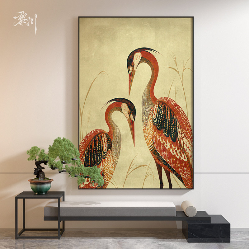 《丹羽双栖》中古风雅致感红羽双鹤装饰画客厅玄关沙发背景墙挂画