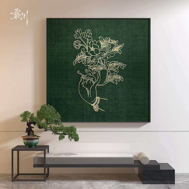 新中式中国风绿色佛手肌理植物玄关客厅装饰画背景墙壁画方形挂画