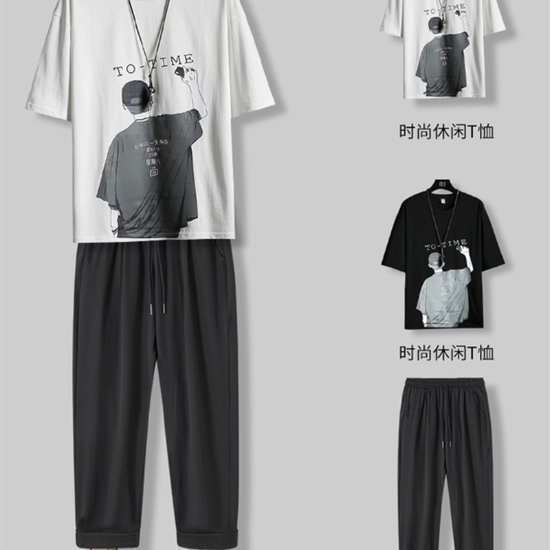 夏季套装男潮流帅气韩版学生宽松五分袖工装裤休闲一套搭配两件套
