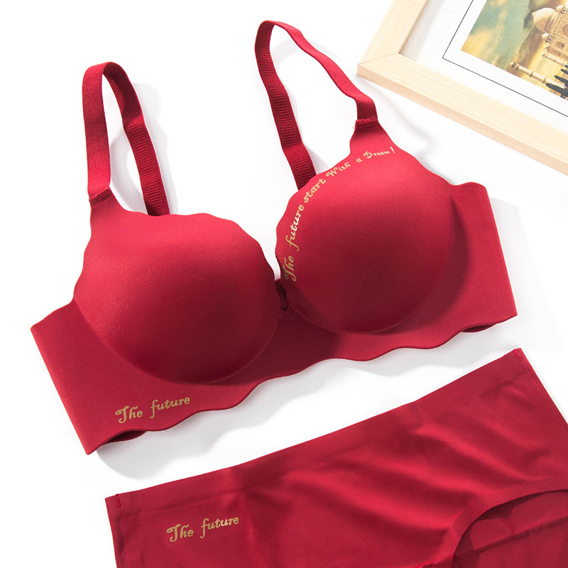 红色内衣内裤一套装女性惑感纯欲小胸聚拢厚结婚新娘文胸罩本命年