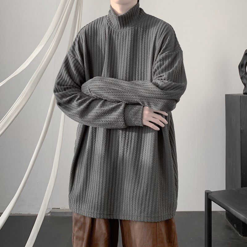 特大码300斤肌理感条纹半高领打底衫男女春秋重磅宽松内搭长袖T恤