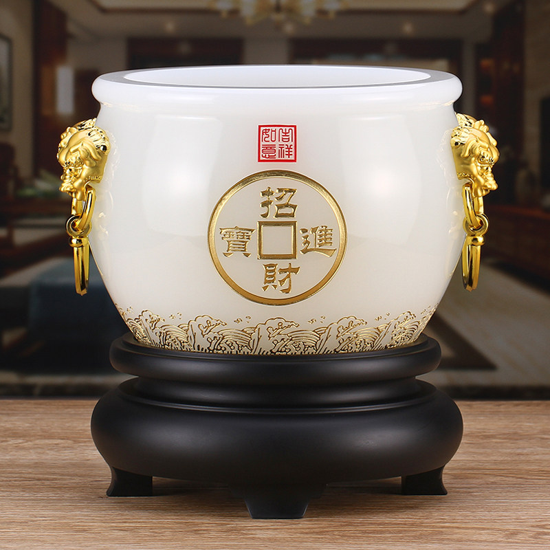 招财聚宝盆c摆件开业乔迁商务礼品公司办公室桌白玉琉璃玄关装饰