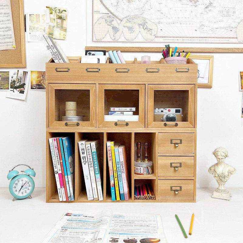 晴天杂货铺原木复古收纳架书架玻璃抽屉式桌面整理木质分类收纳盒,收纳整理,桌面收纳盒,淘宝优惠券,粉丝福利购,淘宝优惠卷