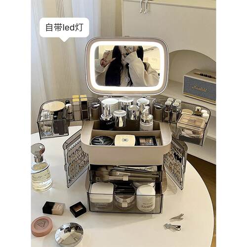 化妆品收纳盒桌面带镜子一体梳妆台护肤品香水置物架口红收纳柜箱