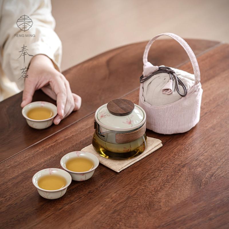草木灰旅行茶具便携户外手绘蝴蝶兰快客杯一壶三杯泡茶壶陶瓷