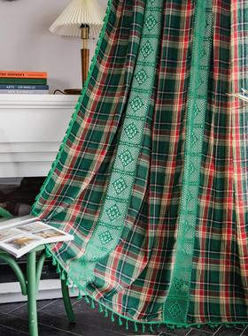 窗帘绿色格纹拼接美国窗帘成品厨房窗帘海湾窗帘半遮光挂钩打孔杆