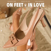 feet& love气质尖头细跟高跟凉鞋 女金属扣漆皮百搭通勤单鞋