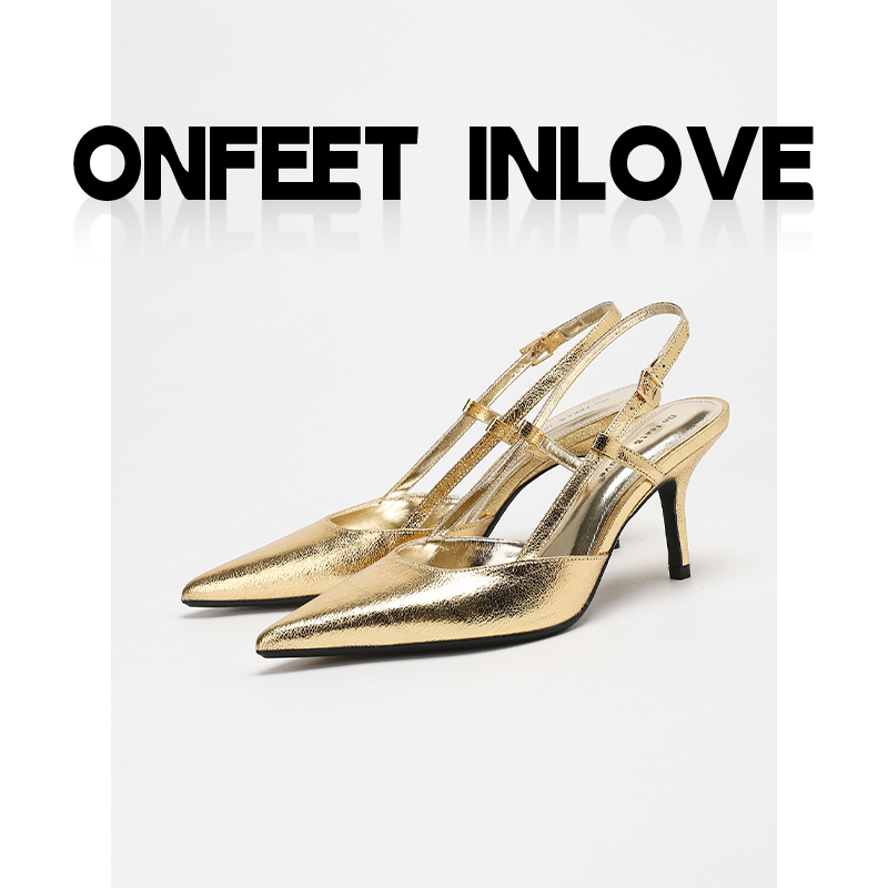 法式气质尖头细跟金色单鞋