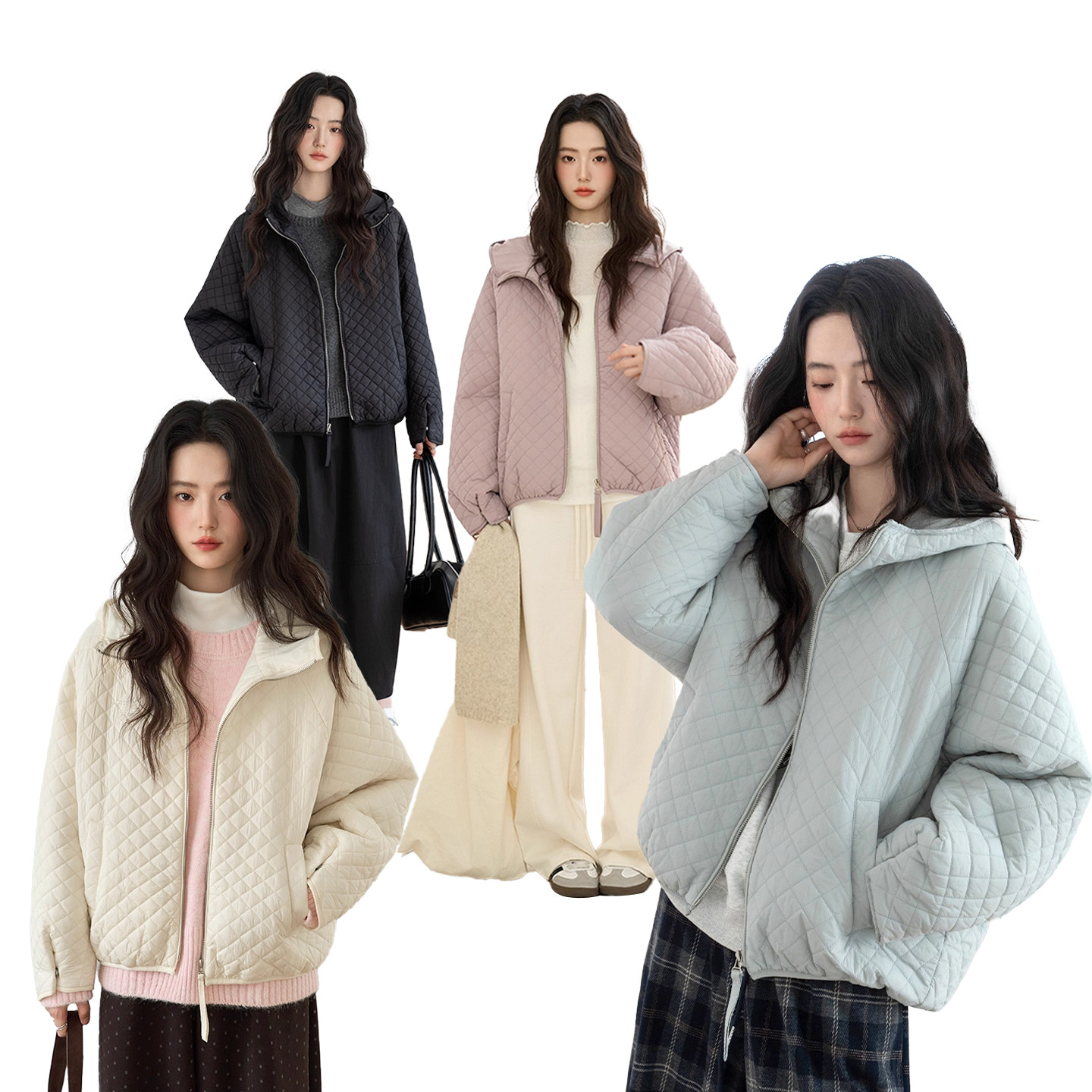 【蜜蜂欢乐社】菱格连帽轻型羽绒服女短款小个子泡芙90白鸭绒外套