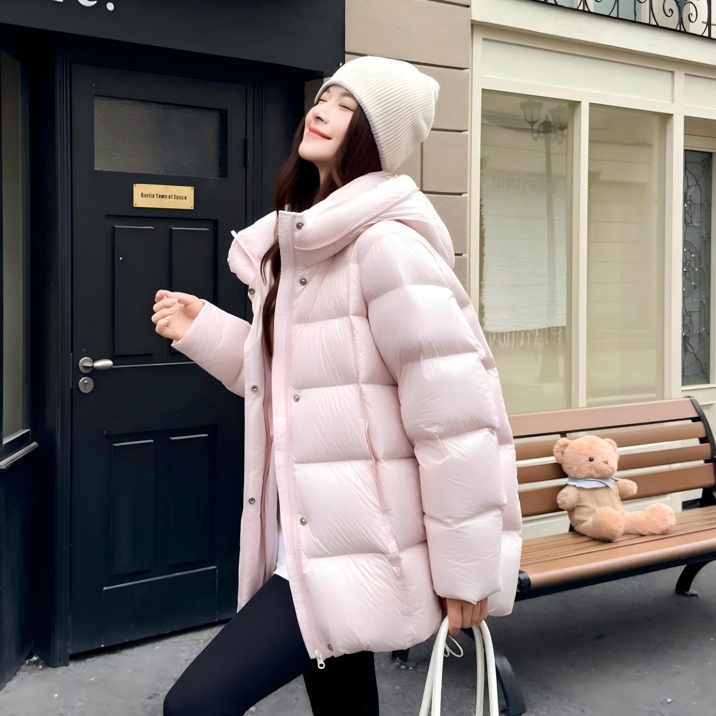 MSHR雾粉保暖连帽羽绒服女中长款