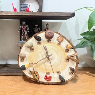 时钟种子标本手工DIY材料圆木片胡桃木指针果实装饰秋天创意摆件