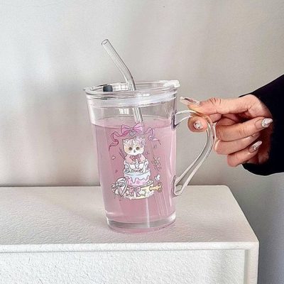 高级带把高加厚轻奢颜值带盖子花茶杯吸管杯子ins玻璃杯水家用感