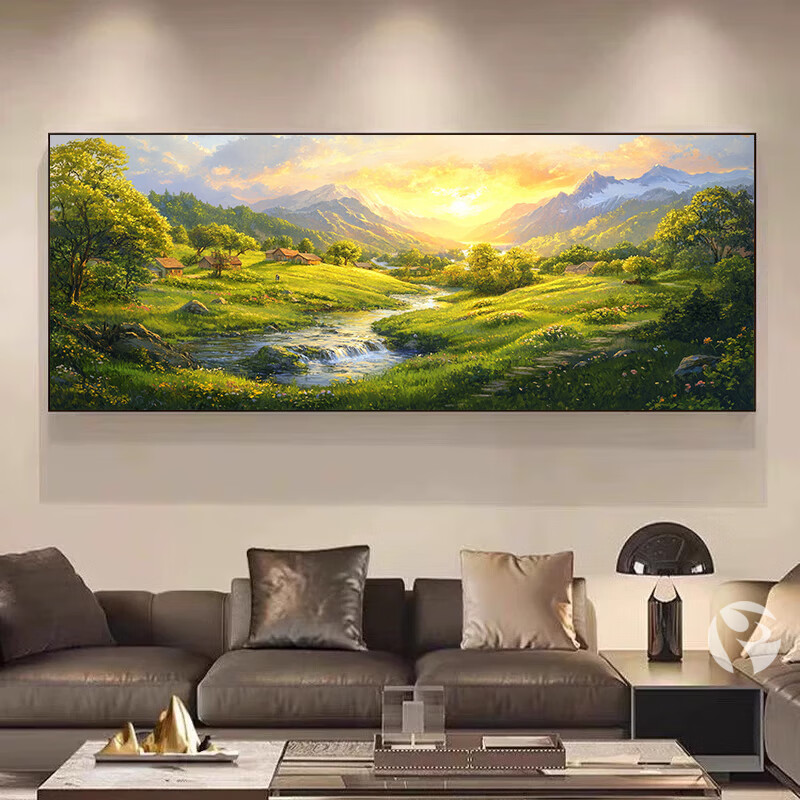 手绘油画风景山水聚宝盆鹿横幅欧式客厅装饰画中式沙发背景墙挂画图片