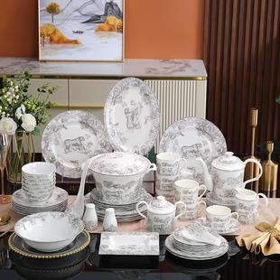 新款 欧式 高级淡灰色动物豹子58头餐具骨瓷碗盘勺杯碟家用礼盒套装